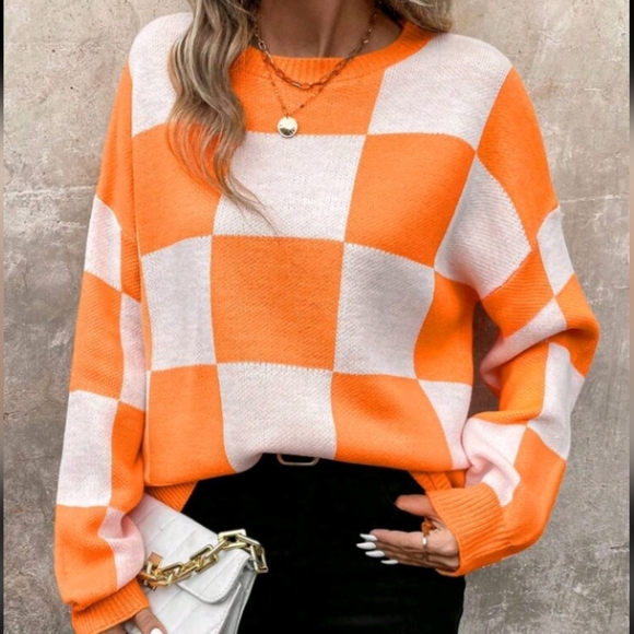 Women's Orange Checkered Warm Sweater For Christmas, Winter,Three Quarter - Picture 1 of 6